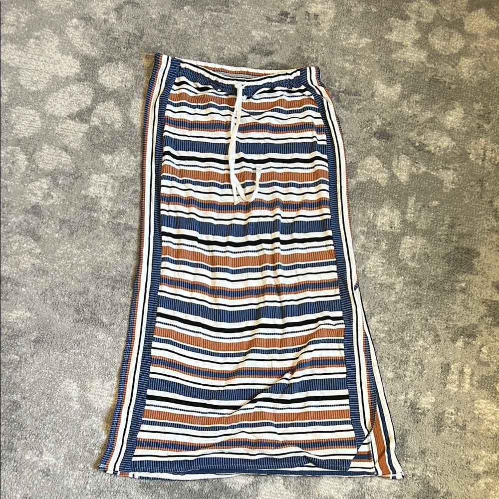 White and Blue Midi Pencil Skirt with Tie Front and Slit